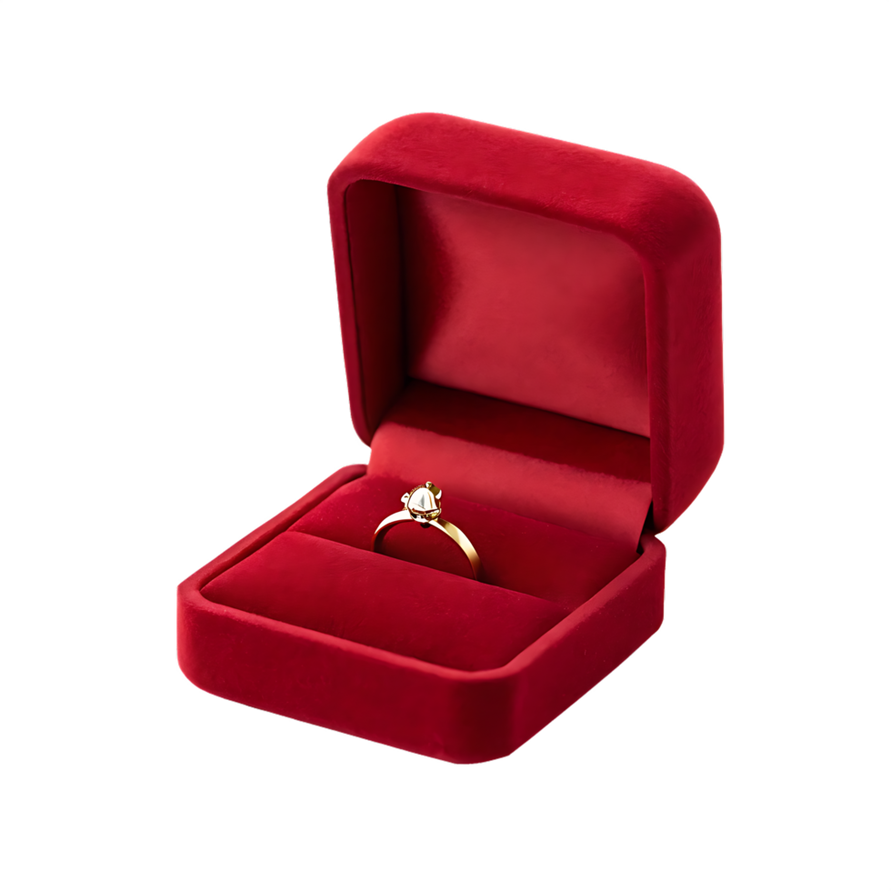 A gold diamond ring in a red velvet box. png