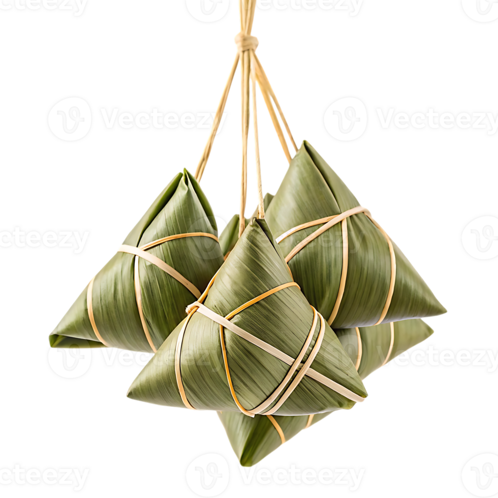 Four Zongzi hanging together, traditional Chinese rice dumplings. png