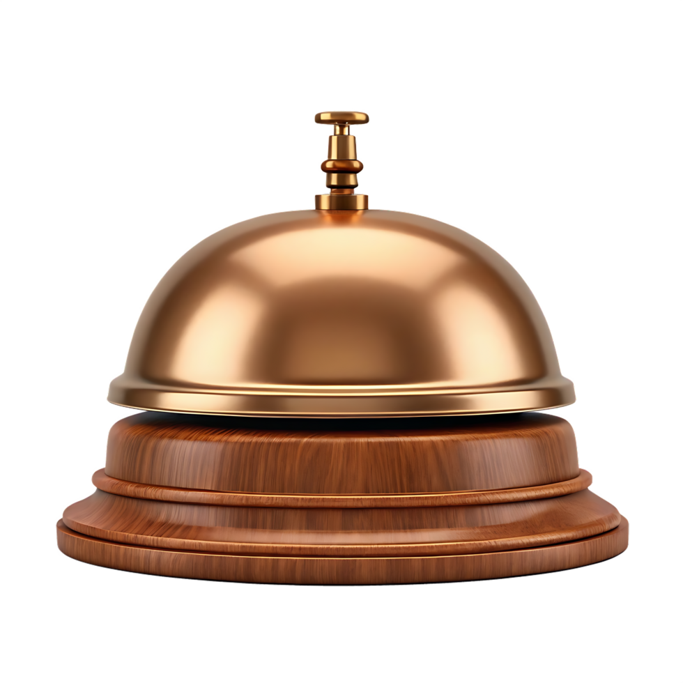 Copper service bell on wooden base. Reception, hotel, service concept. png