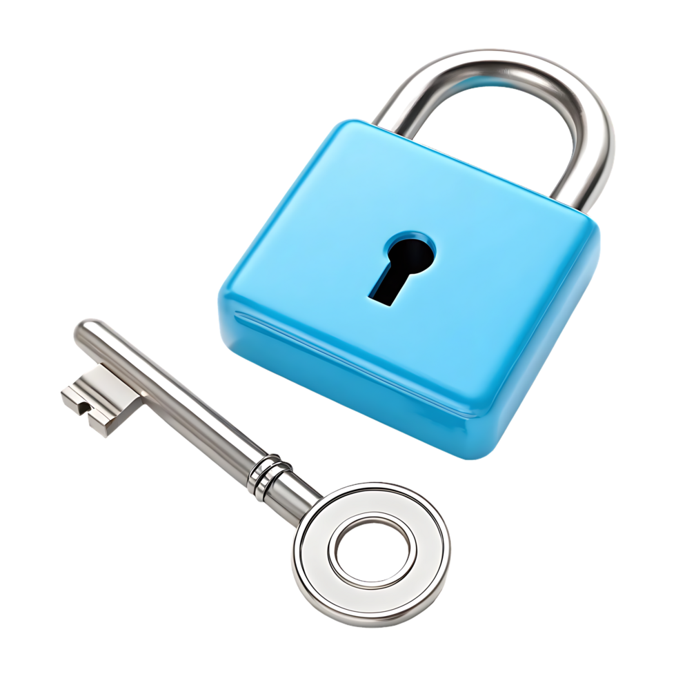 Blue padlock and key. Security, privacy, protection concept. png