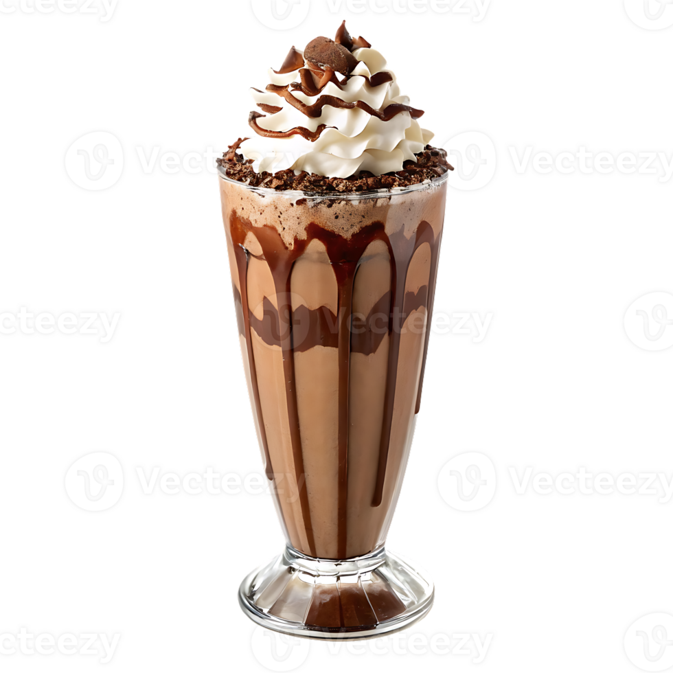 Delicious chocolate milkshake with whipped cream and chocolate syrup. png