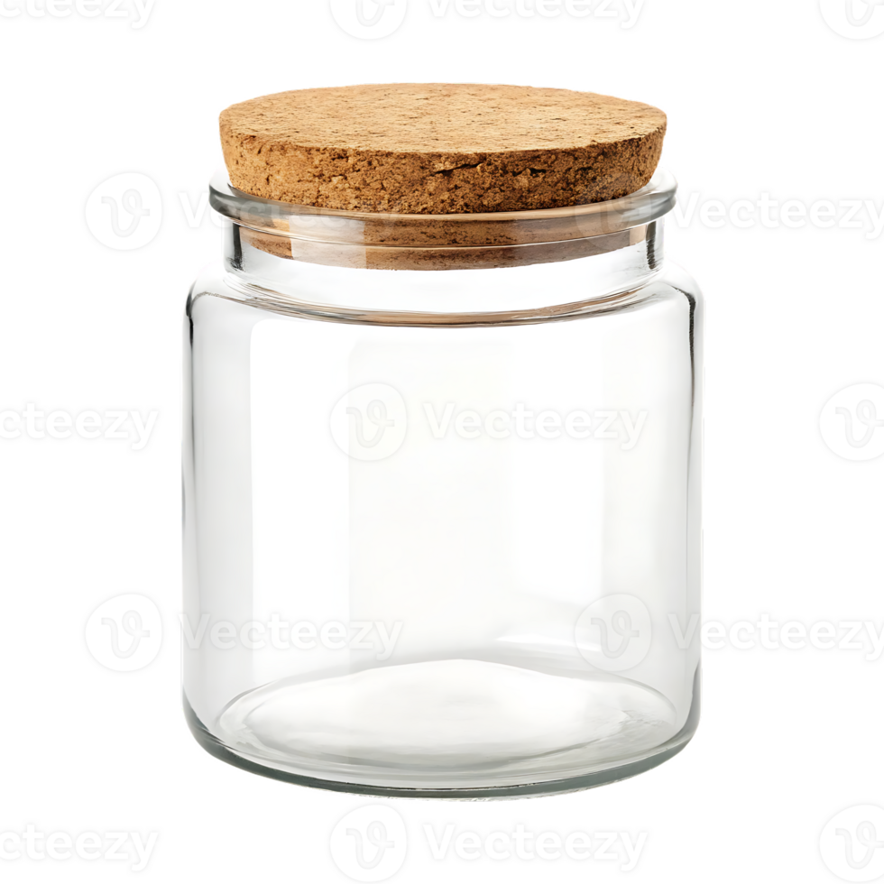 Empty glass jar with cork lid. Kitchen storage. png
