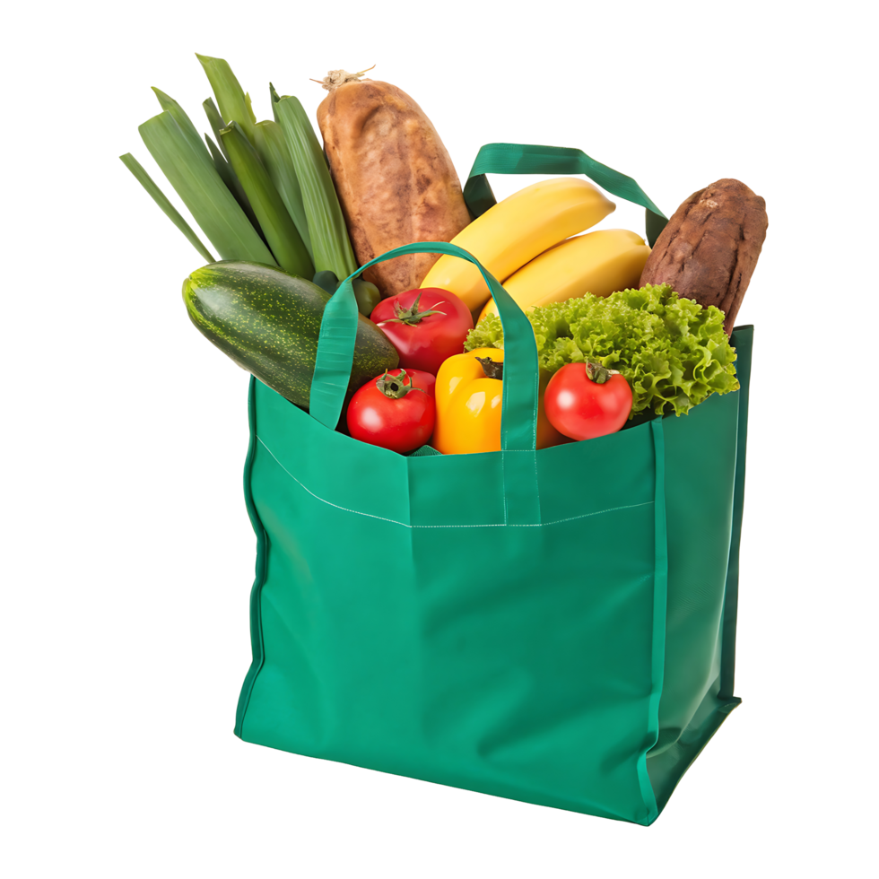 Green reusable shopping bag filled with fresh produce and bread. png