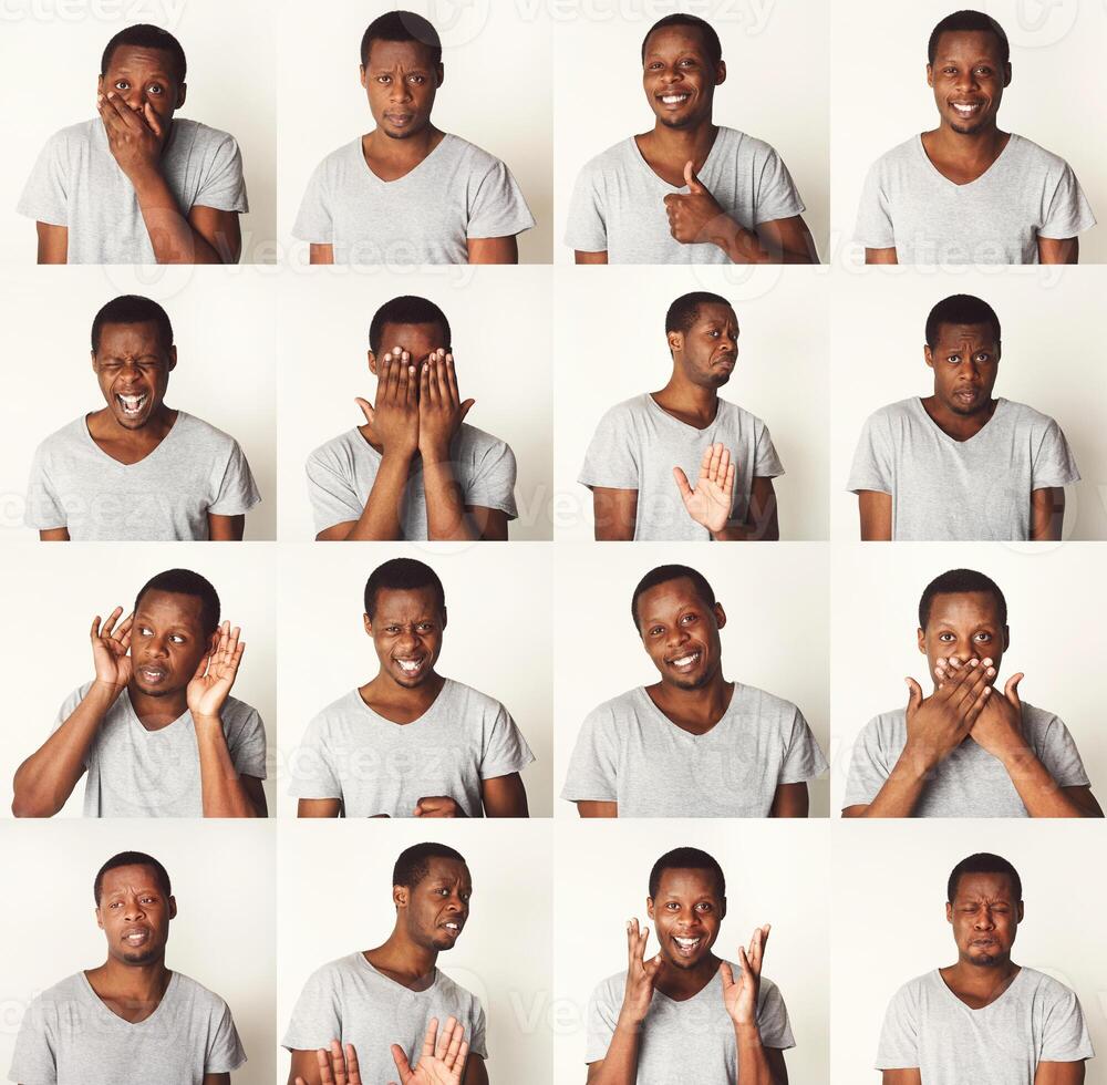 Young african-american man emotional faces, expressions set. happy, thoughtful, frightened, angry, pensive, disappointed man over white studio background photo