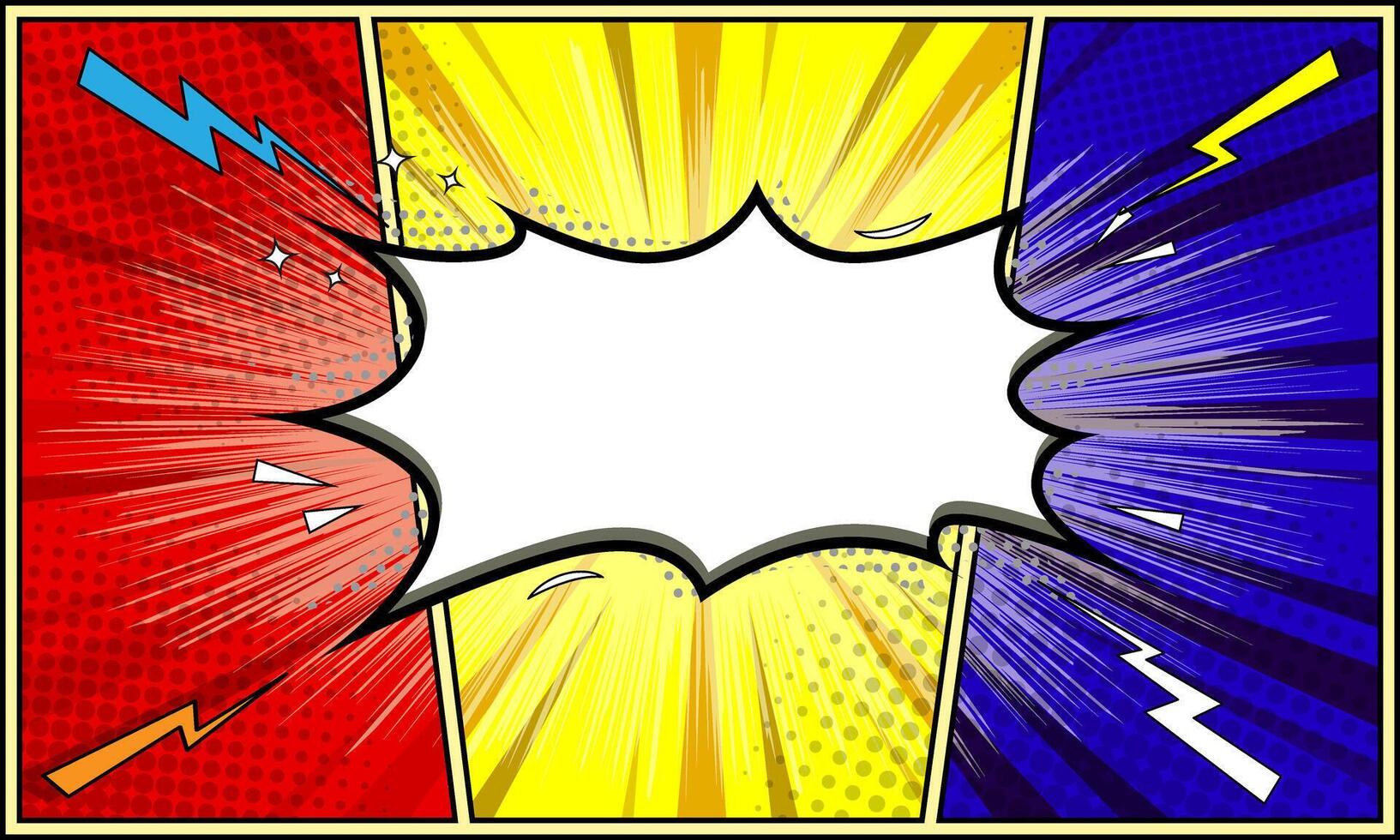 Pop art pattern. Comic background with speech bubble, thunder flash, and halftone. Three vibrant comic book style panels cartoon retro starburst texture with dots. vector