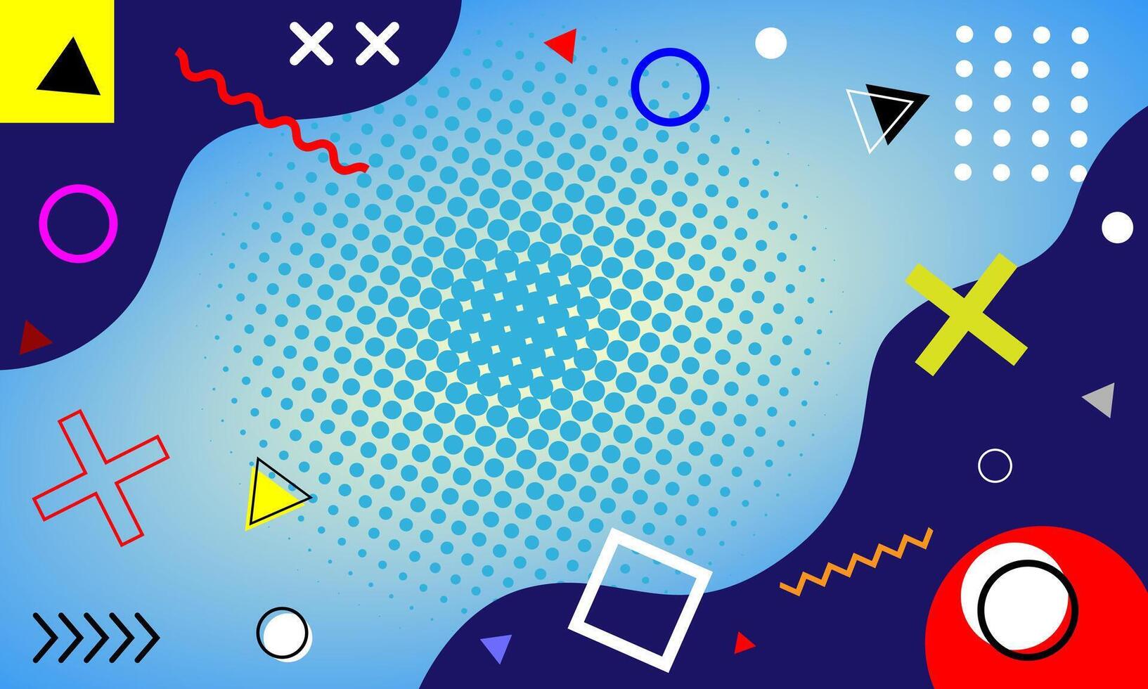 Blue abstract geometric halftone background with gradient colors and memphis shapes vector