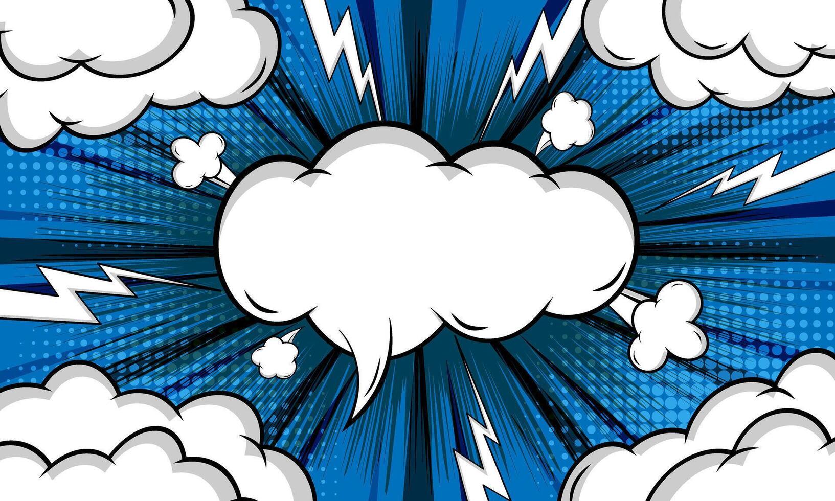 Pop art comic blue halftone background with cloud and thunder flash. Cartoon Illustration vector
