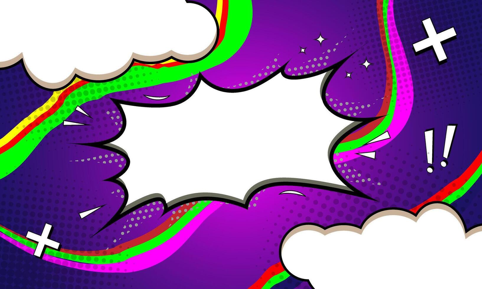 Comic speech bubble with swirl element and cloud, colorful halftone vintage pop art background vector