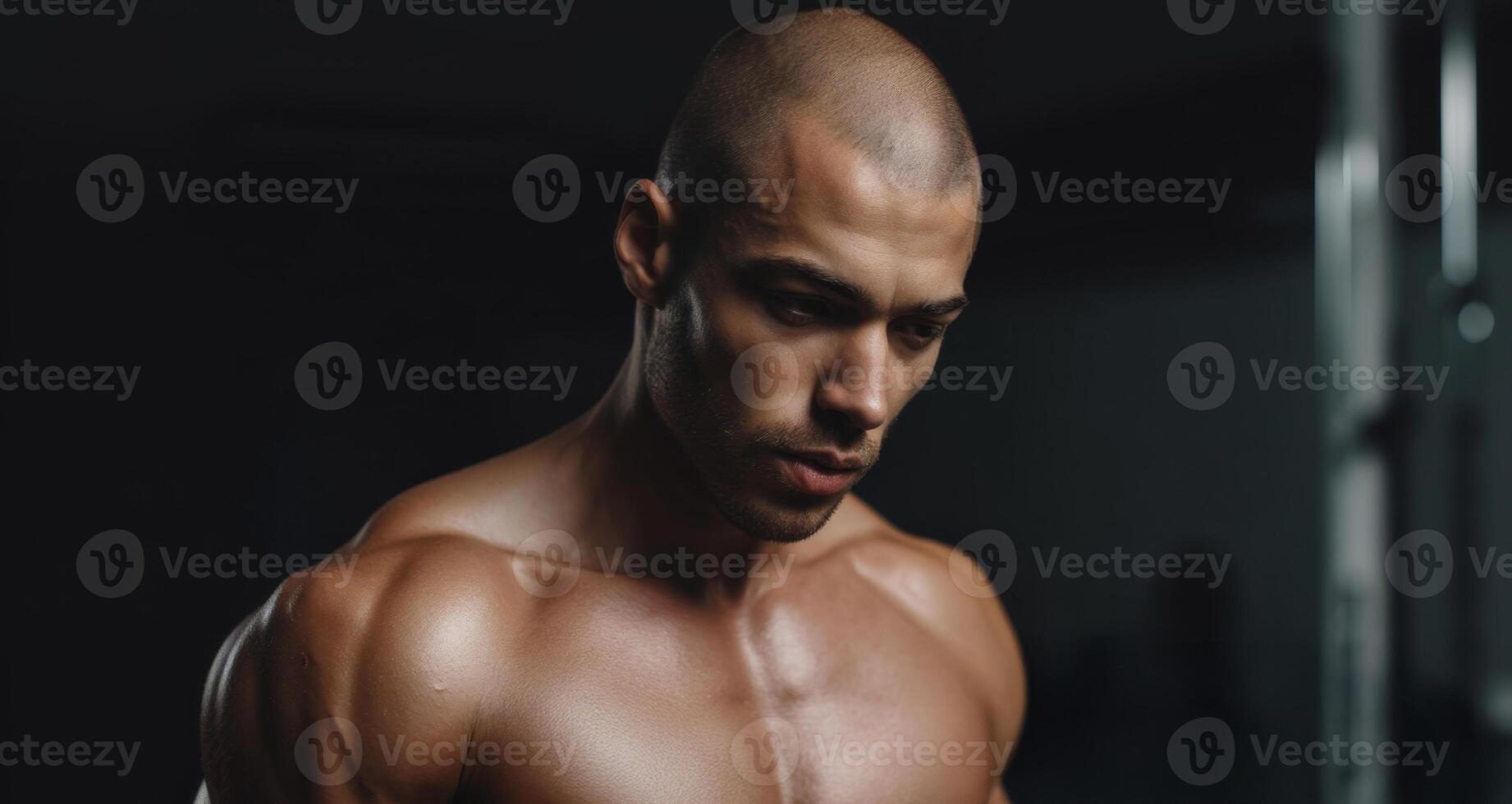A toned man is engaged in weight training, concentrating intensely as he holds dumbbells in a gym. His committed expression highlights the effort and determination involved in his workout routine. photo