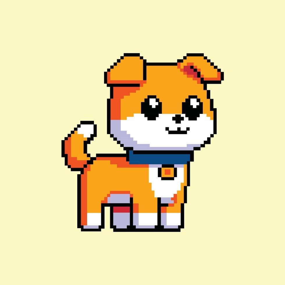 A cheerful pixel art dog with a blue collar and orange fur, standing proudly in a playful retro style vector