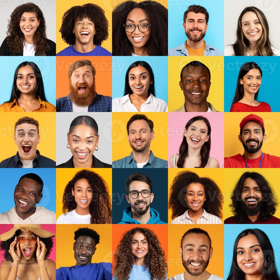 A vibrant collection of cheerful individuals from various backgrounds, expressing joy and positivity. Each face reflects unique stories of happiness and diversity against bright backdrops. photo