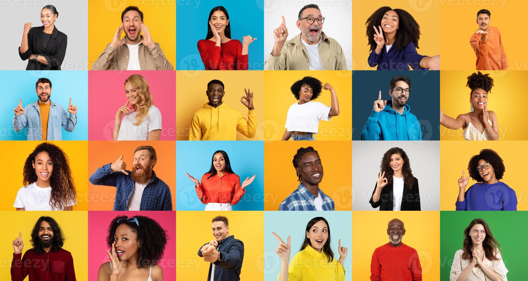 A vibrant collection of happy individuals showcases a range of emotions in an upbeat atmosphere. Each person contributes to a lively celebration of diversity and inclusivity. photo