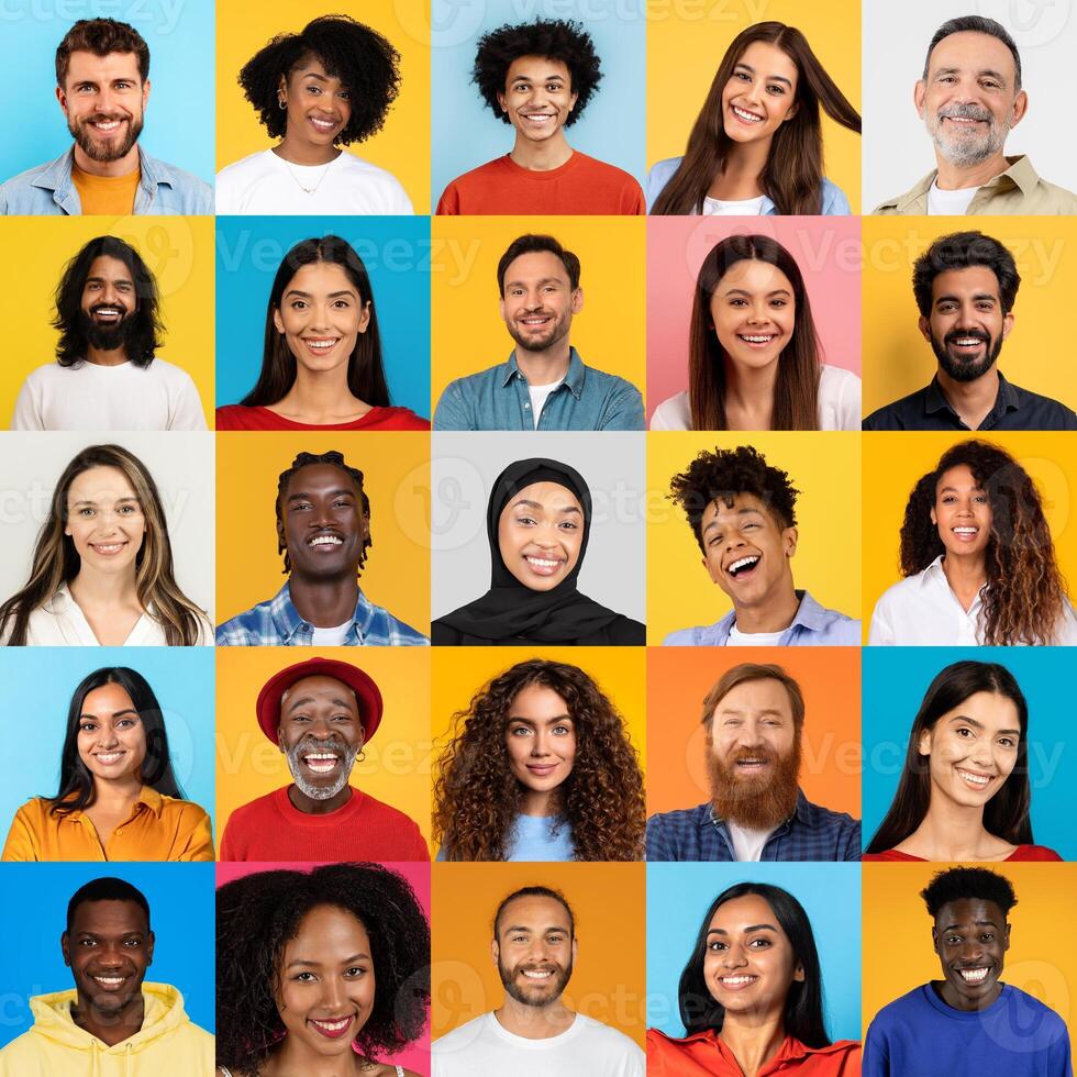 A lively collection of diverse individuals expressing joy and positivity, featuring multiracial faces set against bright, colorful backgrounds. Each person radiates happiness and confidence. photo