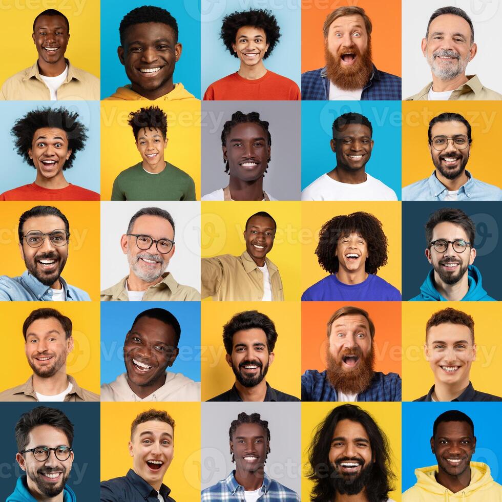This vibrant collection showcases a diverse group of individuals smiling and radiating joy. Each person highlights the beauty of unity in diversity through their cheerful expressions. photo