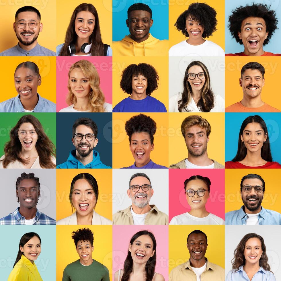 A colorful collage showcases cheerful individuals from various backgrounds, each expressing joy and positivity. The collection highlights the beauty of diversity in lifestyle and youthfulness. photo