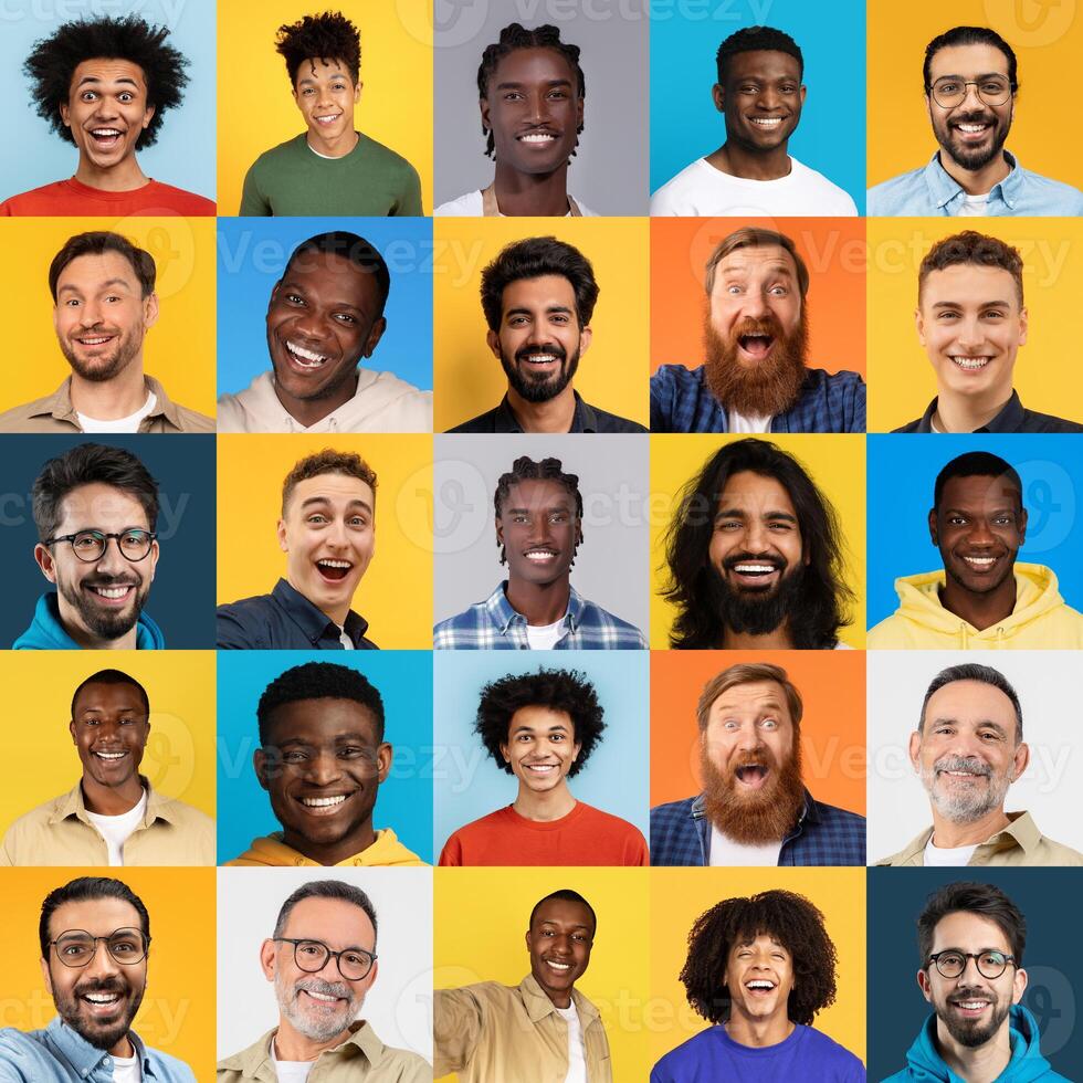 A cheerful collection of diverse individuals showcases a lively range of smiles and expressions against colorful backgrounds. Each face reflects positivity and inclusivity in everyday life. photo