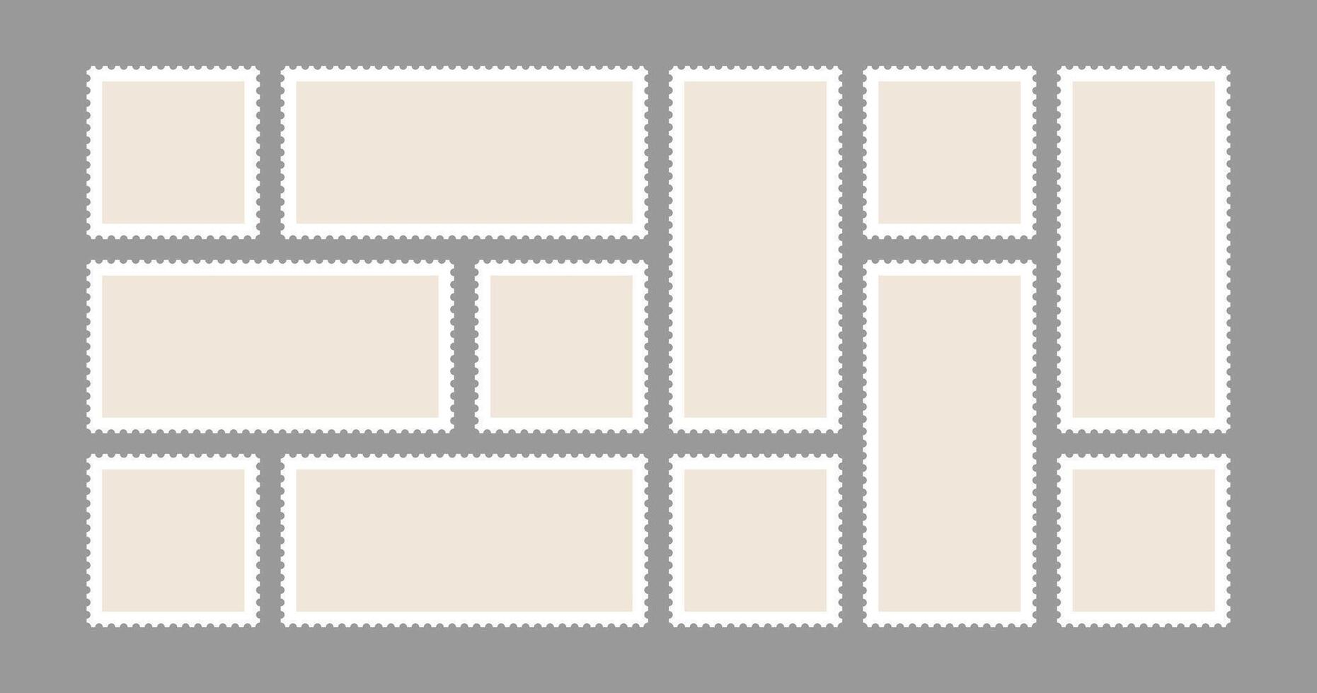 Post stamp set. Postcard corner delivery mark. Perforated border and rectangular square shape label. Scrapbook travel sticker, Vintage mail envelope seal. Retro shipping package postage clipart vector