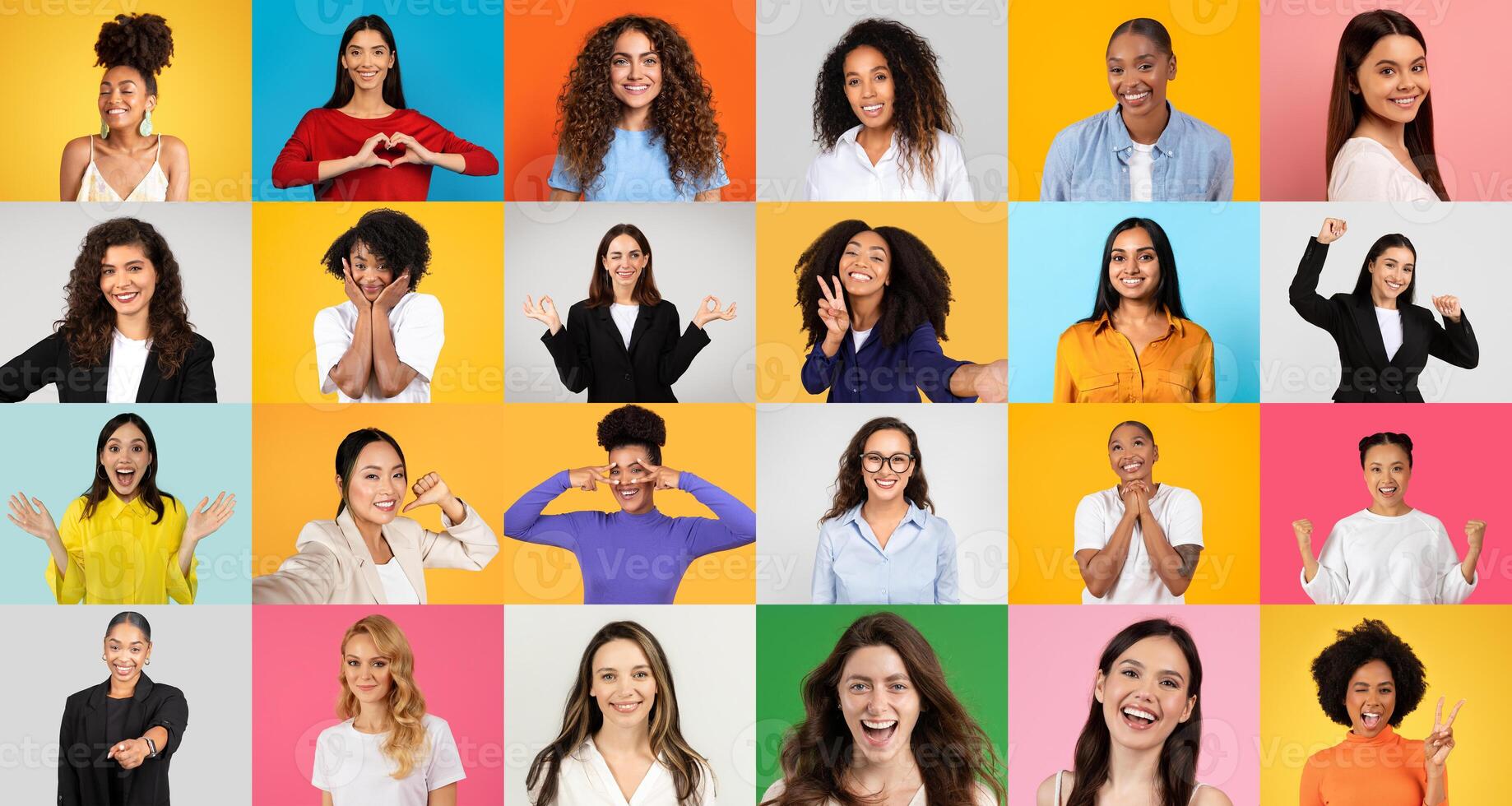 A lively collection showcases happy and positive women from diverse backgrounds, each expressing joy in front of colorful backgrounds. Their smiles create a sense of connection and warmth. photo