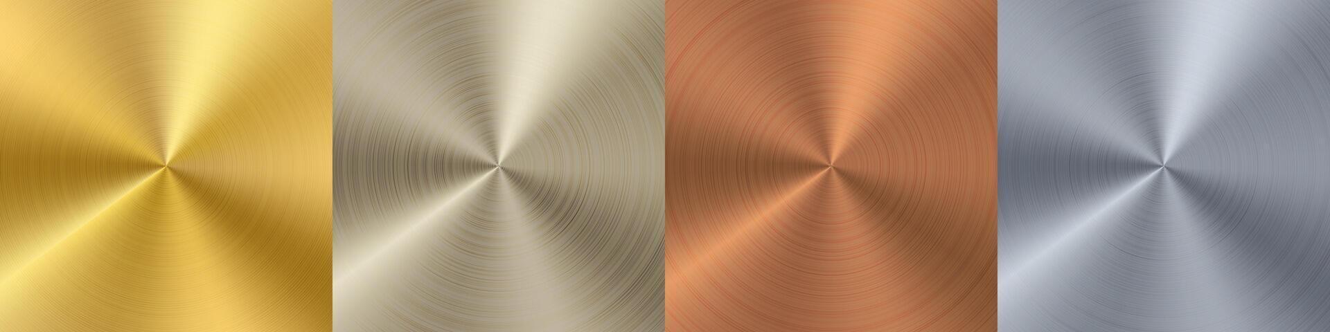 Silver gold circle gradient palette. Bronze aluminum brushed plate. Metal material radial glossy surface sheet. Holographic stainless steel texture background. Chrome platinum finish foil shine vector