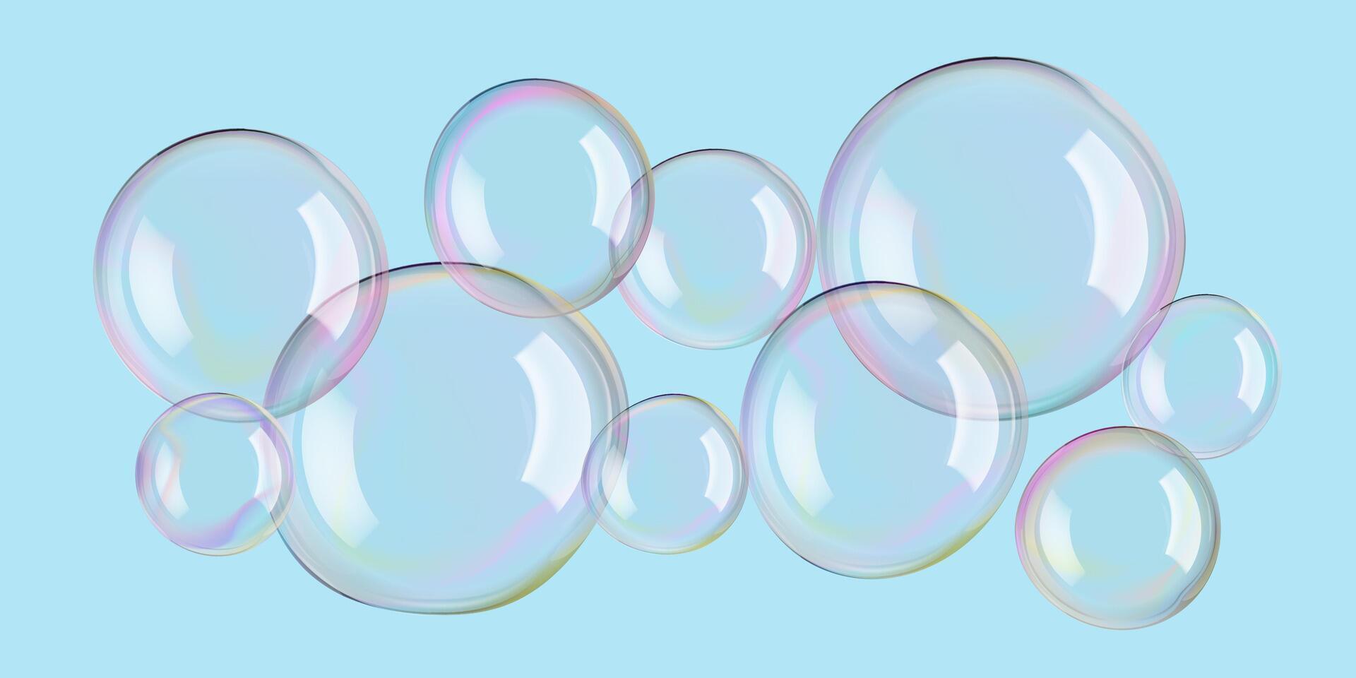 Water bubbles float in a sky blue background. Soap suds ball with rainbow colors. Realistic clean and clear shampoo foam purified water. Bathroom beads, bath bomb, soapy fun, and laundry poster vector