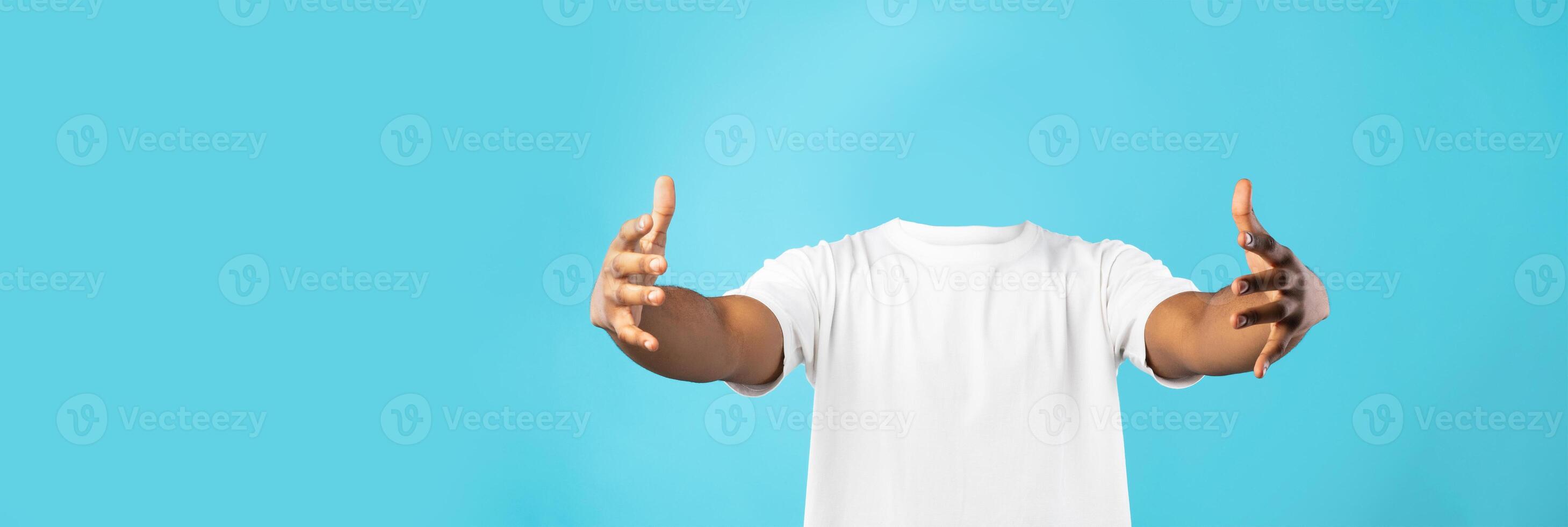 Individual without head extend arms in a welcoming gesture against a bright blue backdrop. This collage emphasizes lifestyle aspects and the concept of isolation, making a bold statement. photo