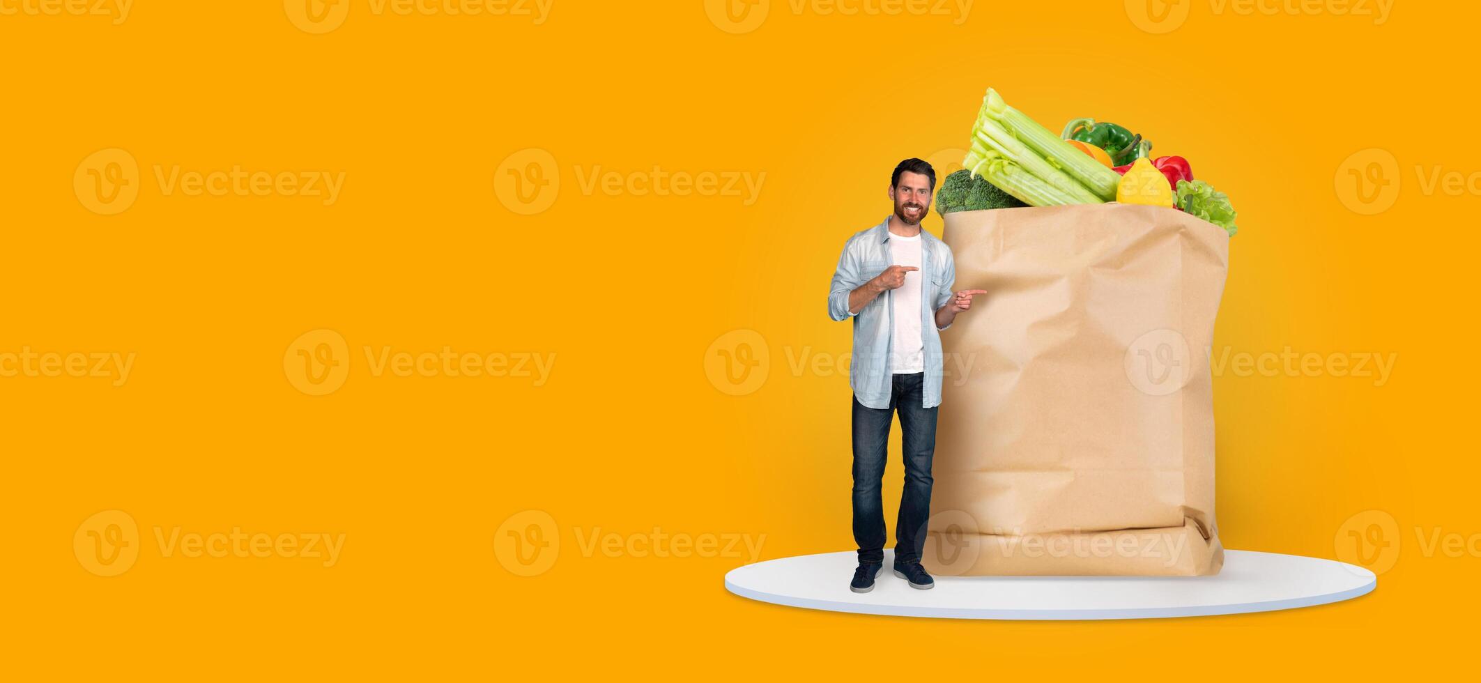 A customer stands next to a large paper bag filled with fresh groceries, showcasing the new normal of food shopping. photo