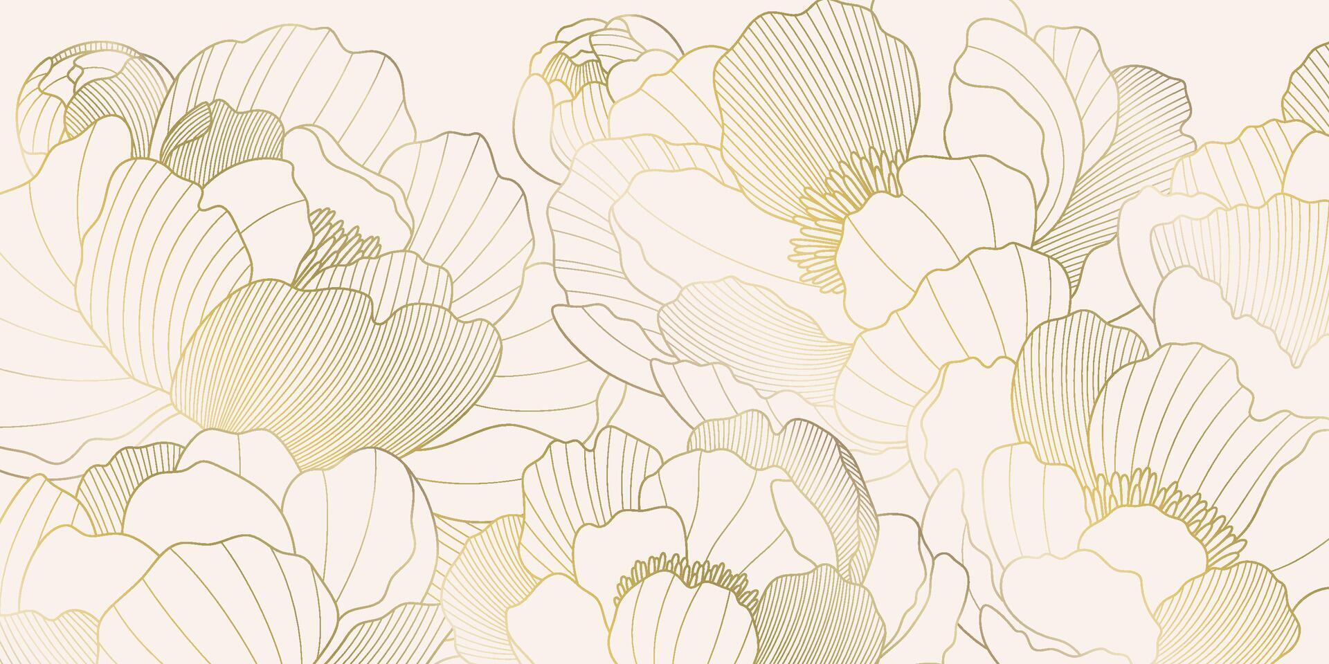 Elegant gold line drawing of peonies flowers on a light background. Minimalist oriental design, perfect for luxury prints, patterns, or backgrounds vector