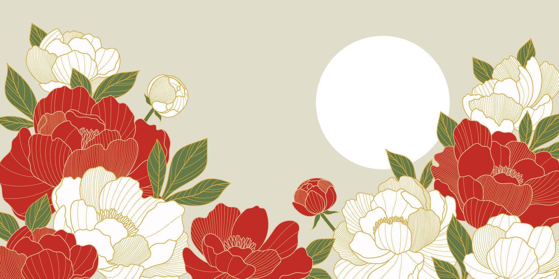 Chinese luxury background with oriental peony flowers and leaves on texture pattern. Asian background of gold lines art texture. Design illustration for wallpaper, card, poster, advertising vector