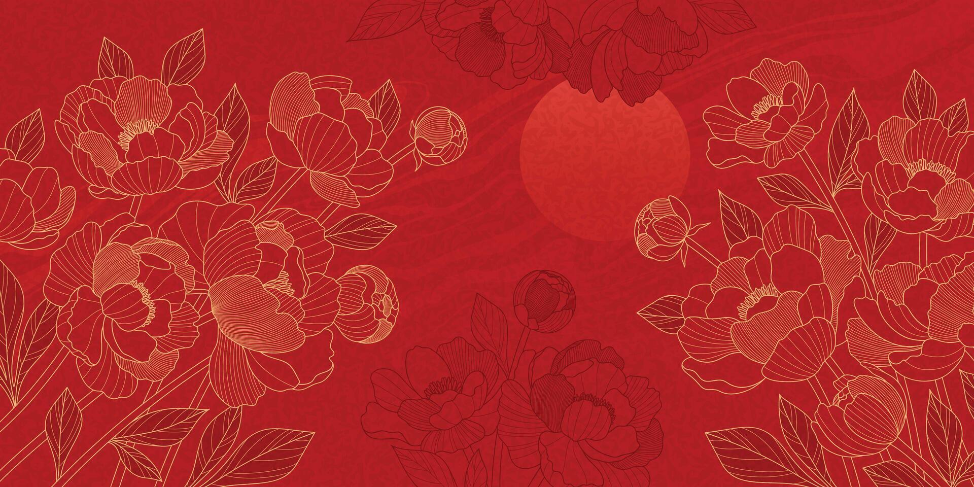 Chinese luxury background with oriental peony flowers and leaves of line style. Asian background of flowers, wave and patterns. Design illustration for wallpaper, card, poster, advertising vector