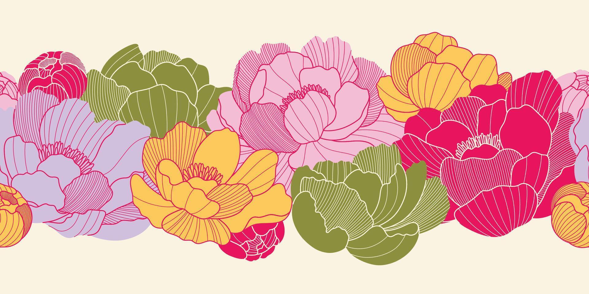 Chinese modern seamless border with oriental color peony flowers and leaves of line style. Asian background of line flowers. Design illustration for wallpaper, card, poster, advertising vector