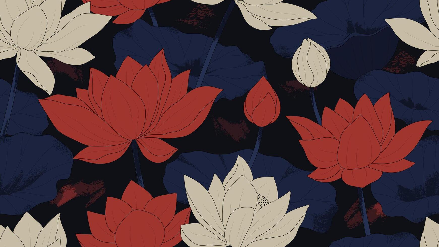 Seamless pattern of an Asian lotus flowers with ink line texture. Elegant background design inspired by traditional oriental art. Chinese or japanese border vector