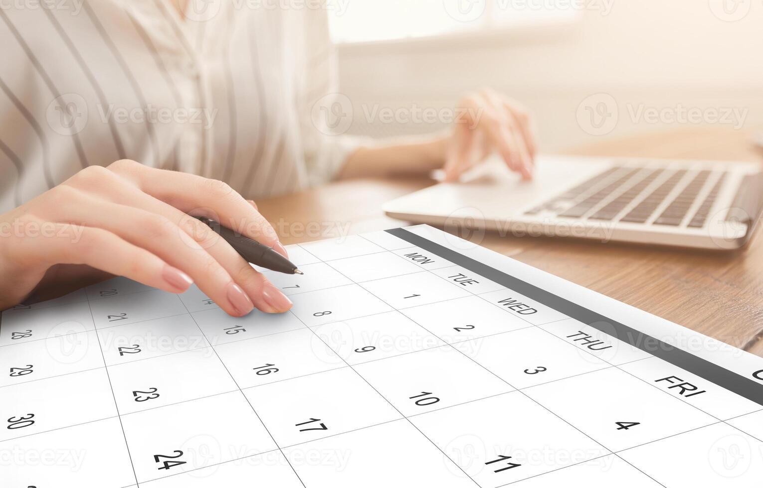 Business Scheduling. Unrecognizable Woman Working On Laptop And Checking Calendar At Workplace, Taking Notes To Planner, Managing Times For Appointments, Setting Events In Organizer, Creative Collage photo