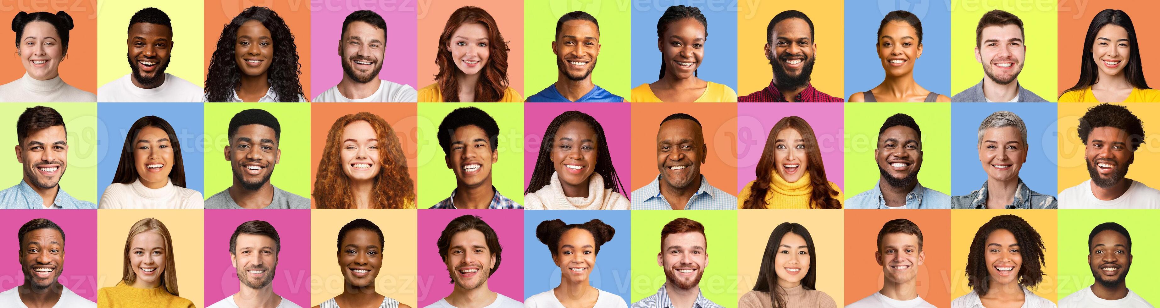 Set Of Multiracial People Faces Smiling To Camera Posing Over Different Pastel Colored Backgrounds. Headshots Of Diverse Men And Women In Collage. Generation Diversity Concept. Panorama photo