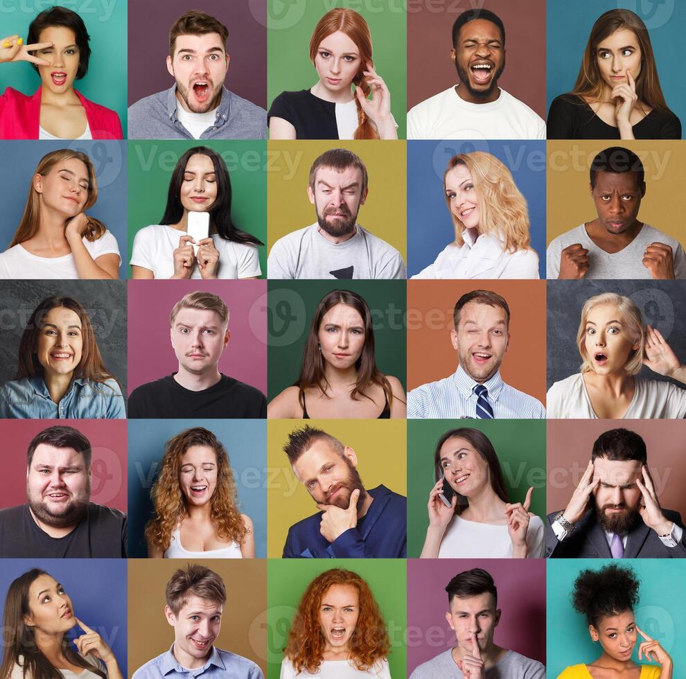 Different emotions collage. Set of male and female emotional portraits. Young diverse people grimacing and gesturing on camera at colorful studio backgrounds photo