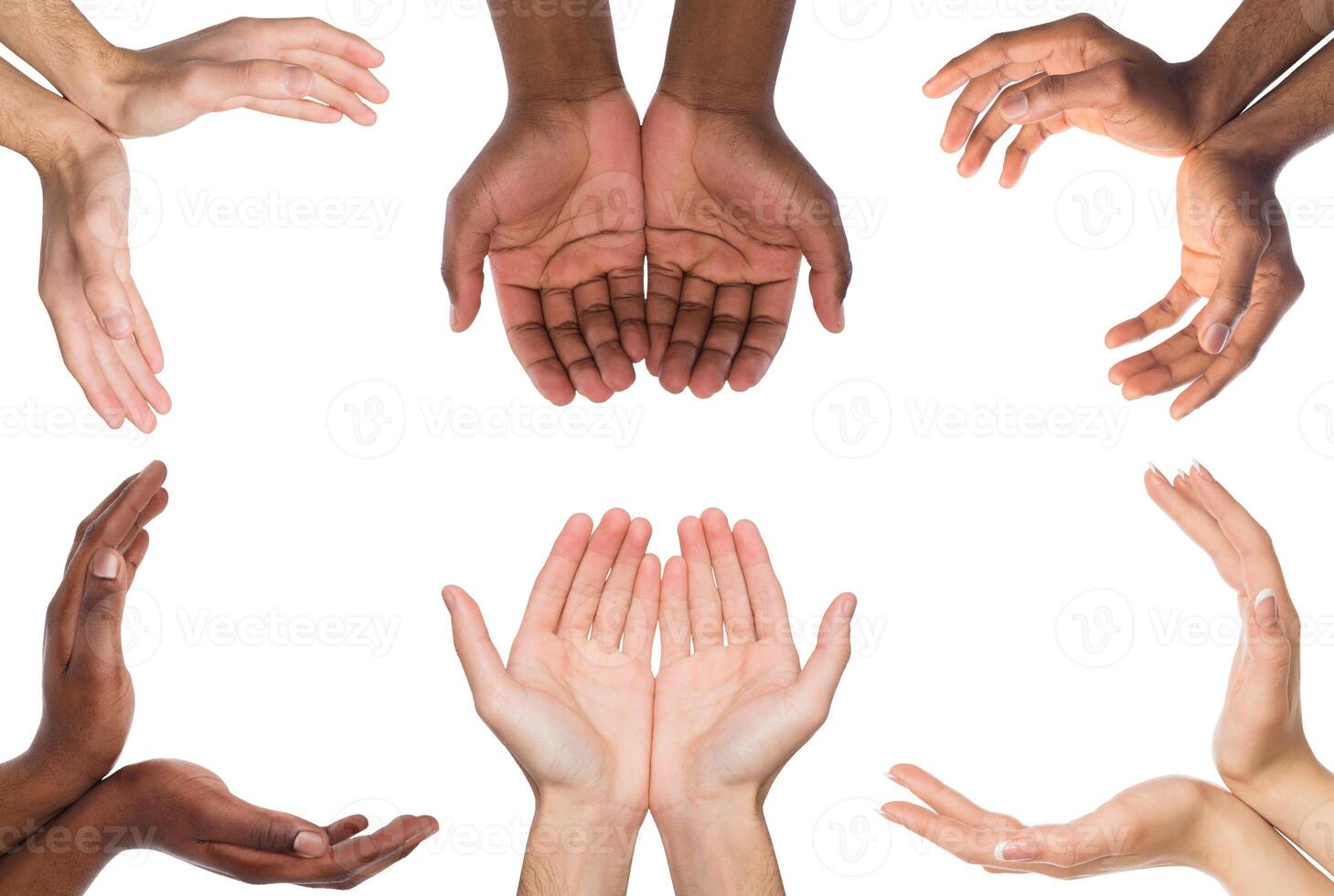 Black and white hands holding or offering something, isolated on white background. Open palms of multiethnic men, handful gesture. Set of hands. photo