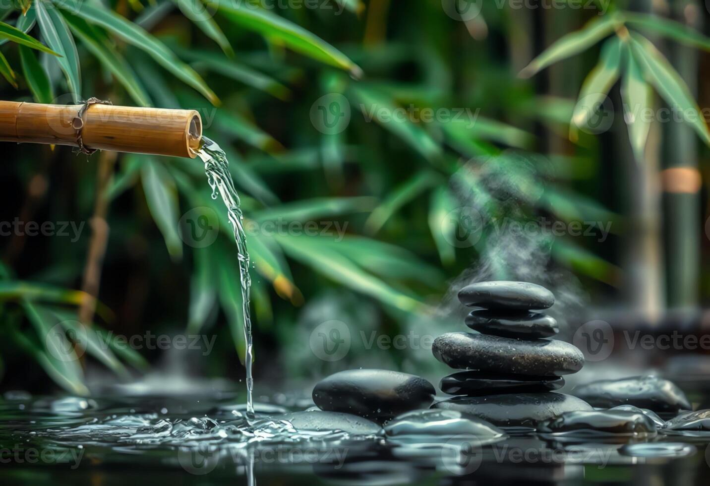 Tranquil Bamboo Water Feature with Stacked Stones in a Zen Garden photo
