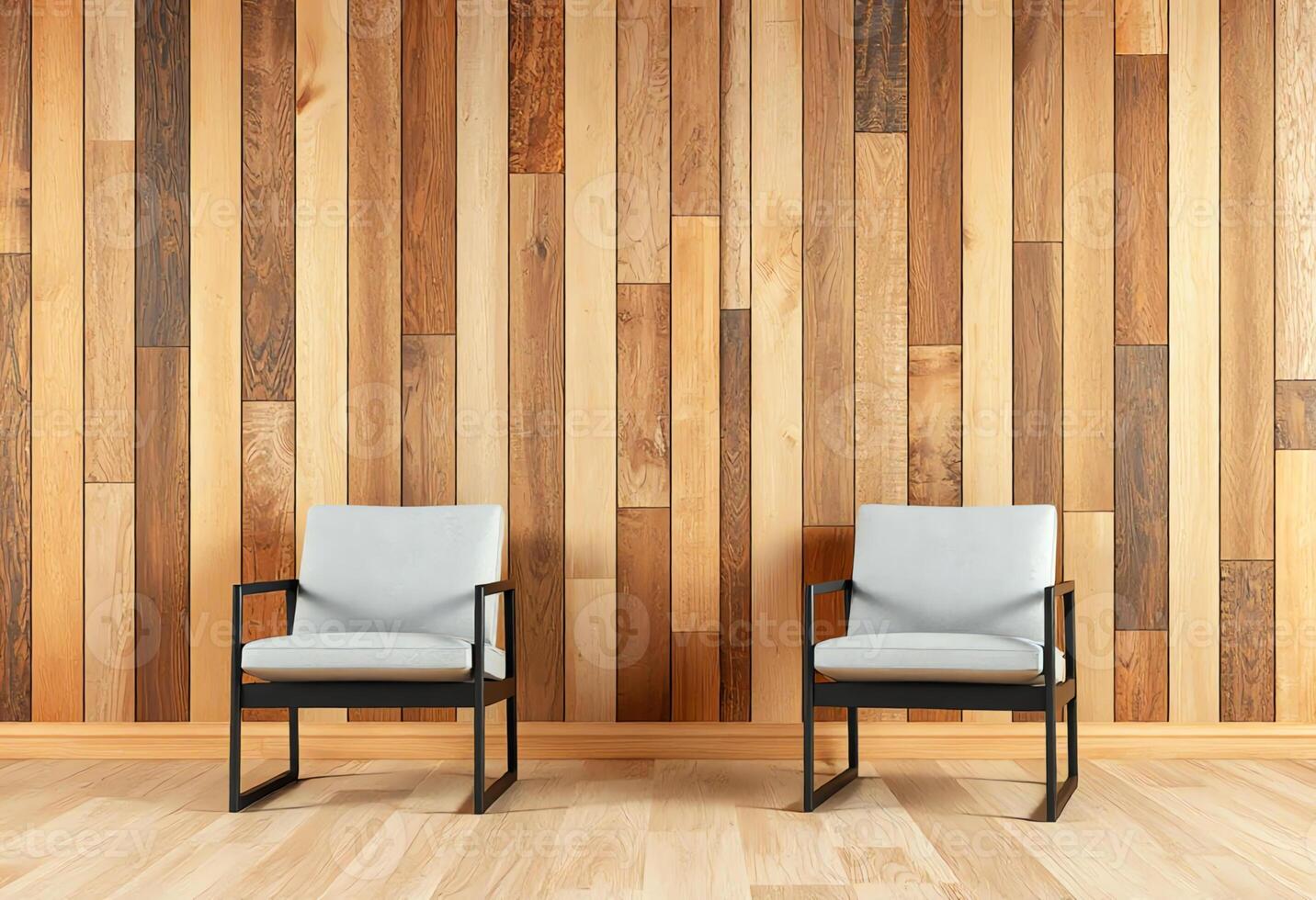 Two chairs sit in front of a wooden wall photo