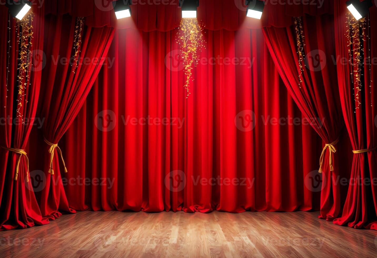 A red curtain is open in front of a stage photo