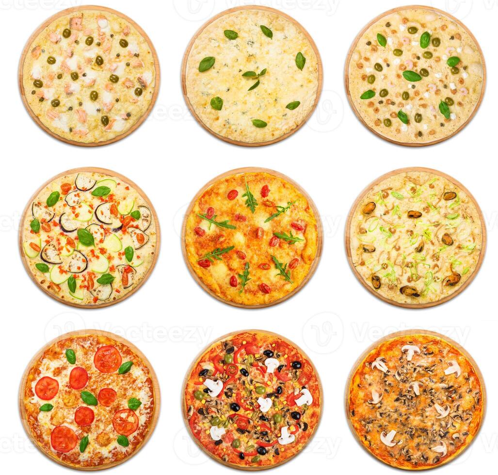 Eight different pizza set for menu. Italian food traditional cuisine. Vegetarian pizzas with mozarella, seafood, salmon, mushrooms. Collage of pizzas with fish and vegetables. photo