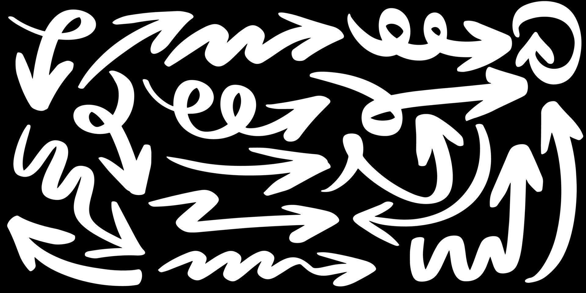 Set of Hand drawn arrow doodle on black background. vector