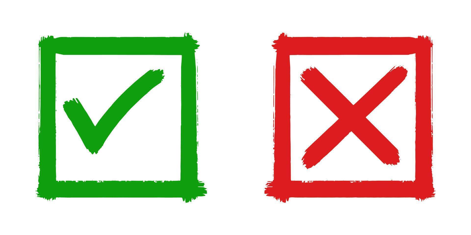 Tick and cross brush signs. Green checkmark OK and red X icons, isolated on white background. vector
