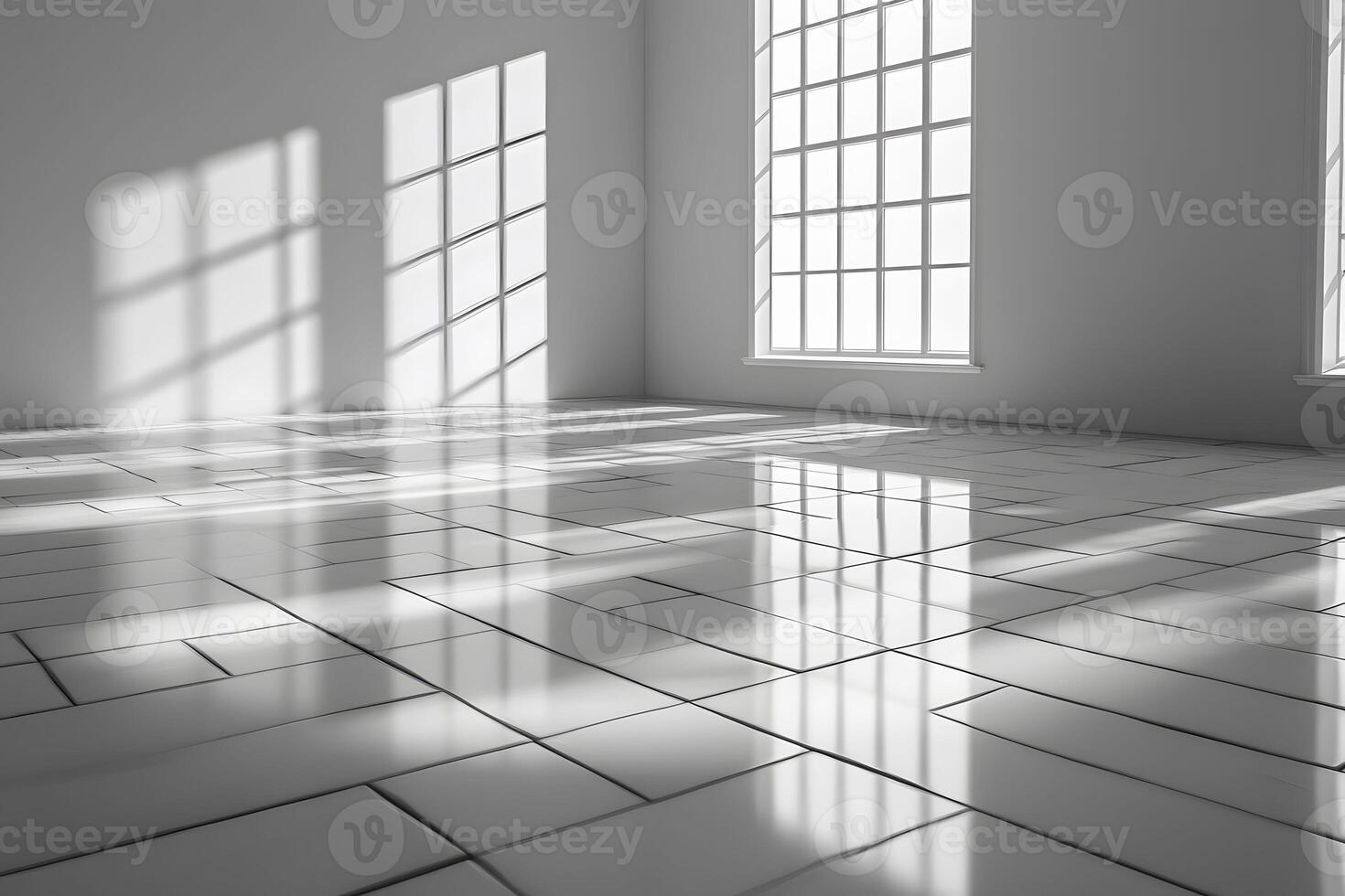 Modern Minimalistic Interior with Sunlit Windows and Glossy Tiled Floor Design photo