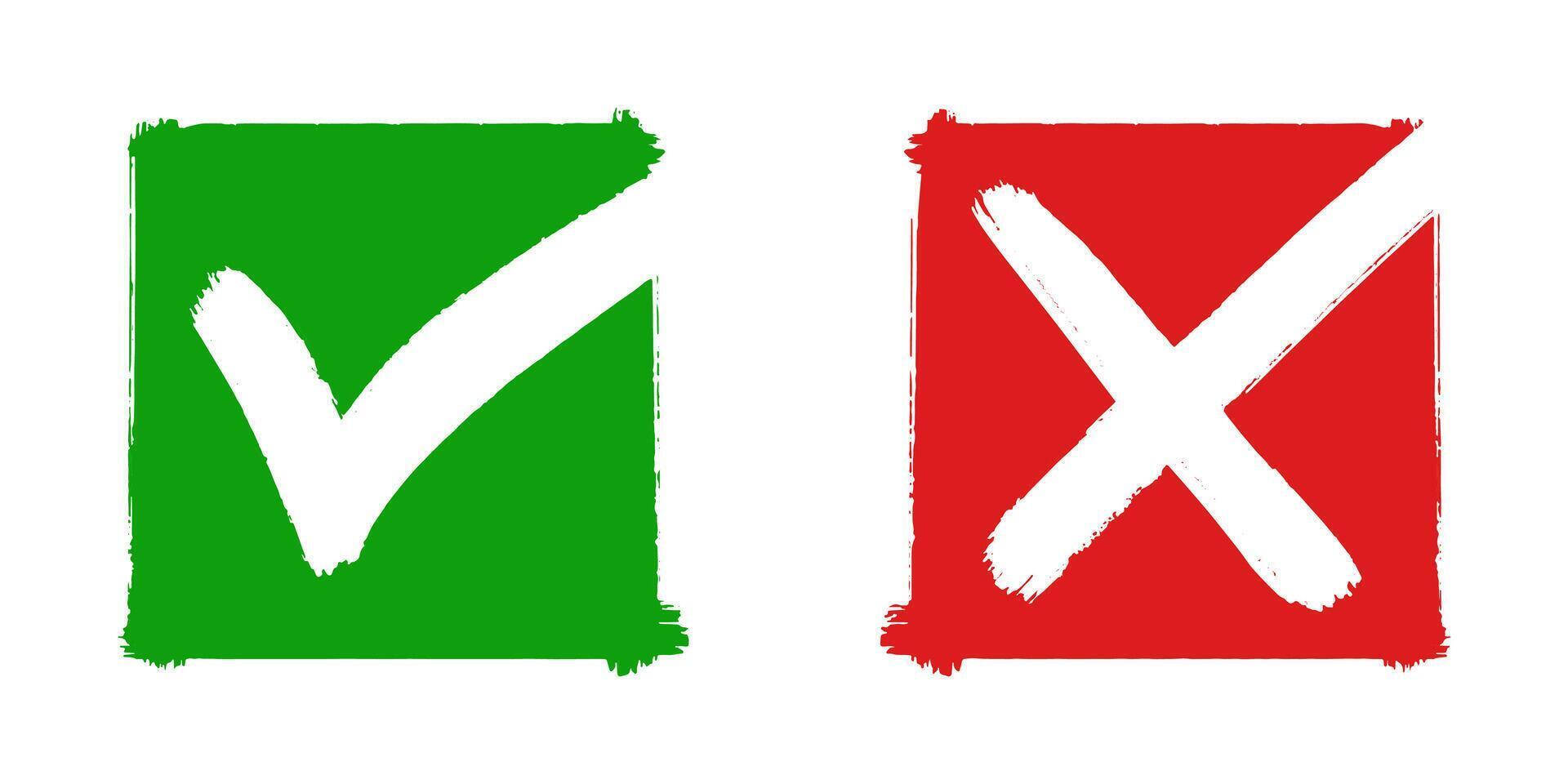 Green checkmark OK and red X icons, isolated on white background. vector