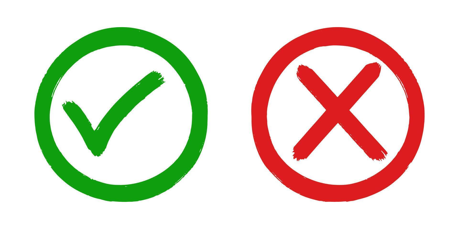 Set of flat design icons showing a green check mark and a red cross. These symbols are commonly used to represent correct vs. incorrect, approval vs. rejection, and right vs. wrong concepts. vector