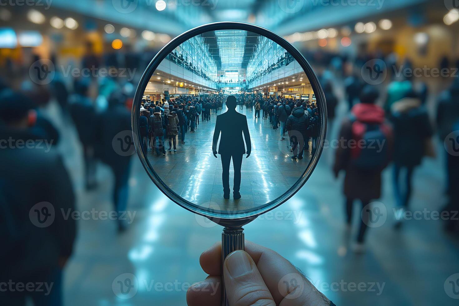 Magnifying Glass Focus on Individual in Busy Urban Scene for Business Concept photo