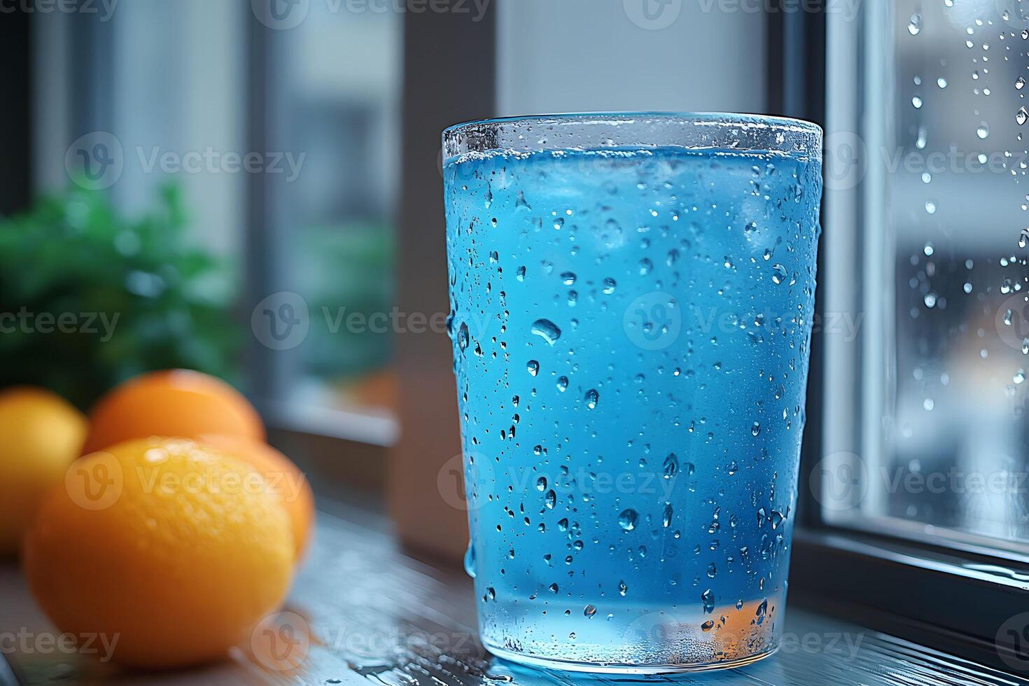 Refreshing Blue Beverage on a Rainy Day with Oranges by the Window photo