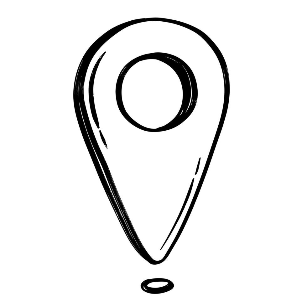 Hand drawn location pin icon in doodle style. This black and white sketch represents a map pointer used for marking places, GPS, and navigation. vector