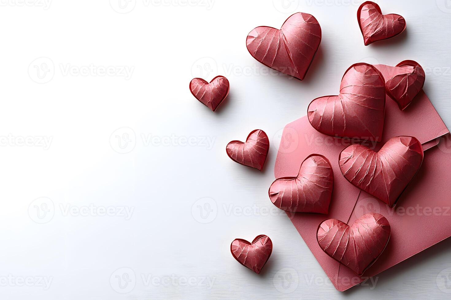 Valentine's Day Card Design with Red Heart Decorations on Pink Envelopes photo