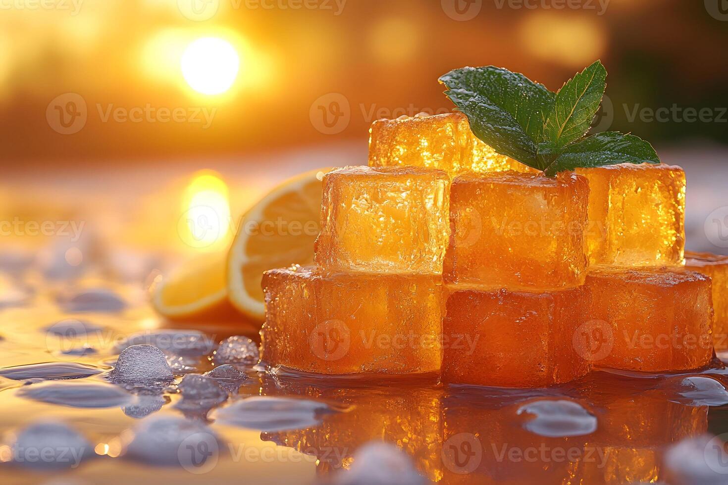 Refreshing Summer Lemonade Concept with Ice Cubes at Sunset photo