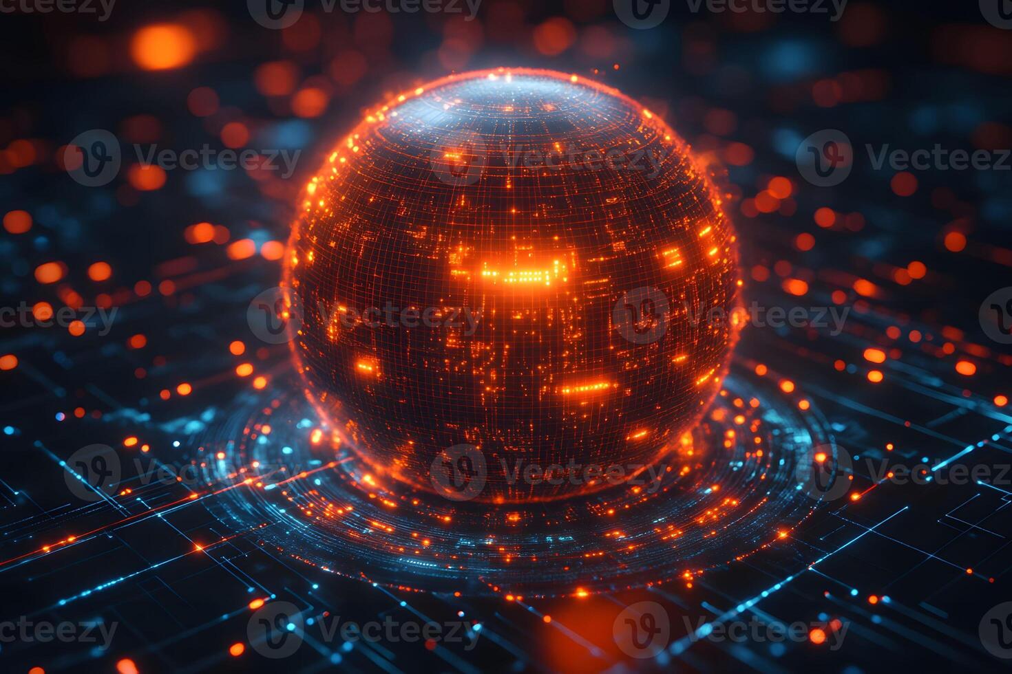 Futuristic Digital Sphere with Glowing Orange Data Points on Circuit Background photo